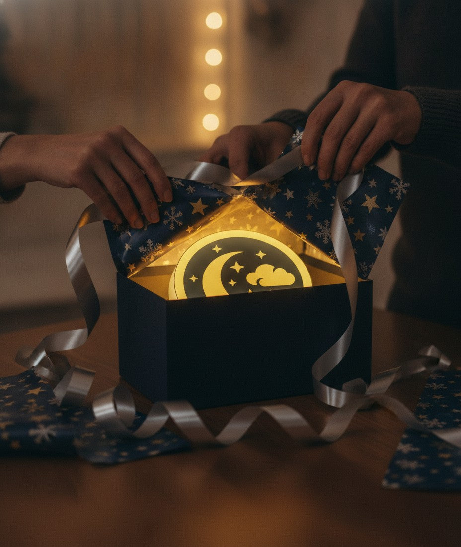 Mond und Sterne LED-Lampe als Geschenk beim Auspacken