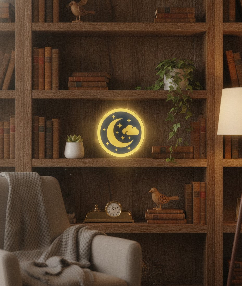 Mond und Sterne LED-Lampe im Bücherregal