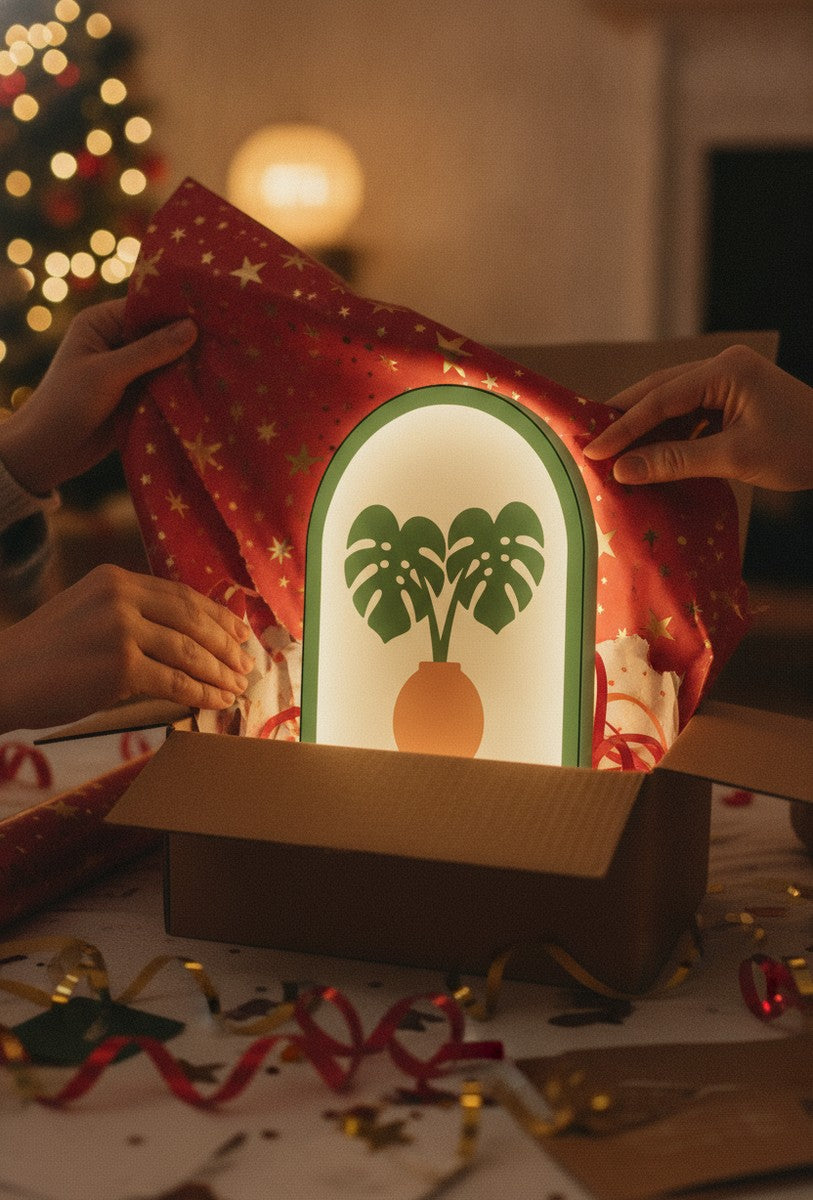 Monstera-Blätter LED-Lampe als Geschenk beim Auspacken