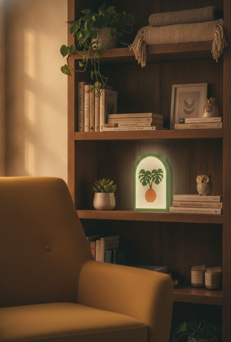Monstera-Blätter LED-Lampe im Bücherregal