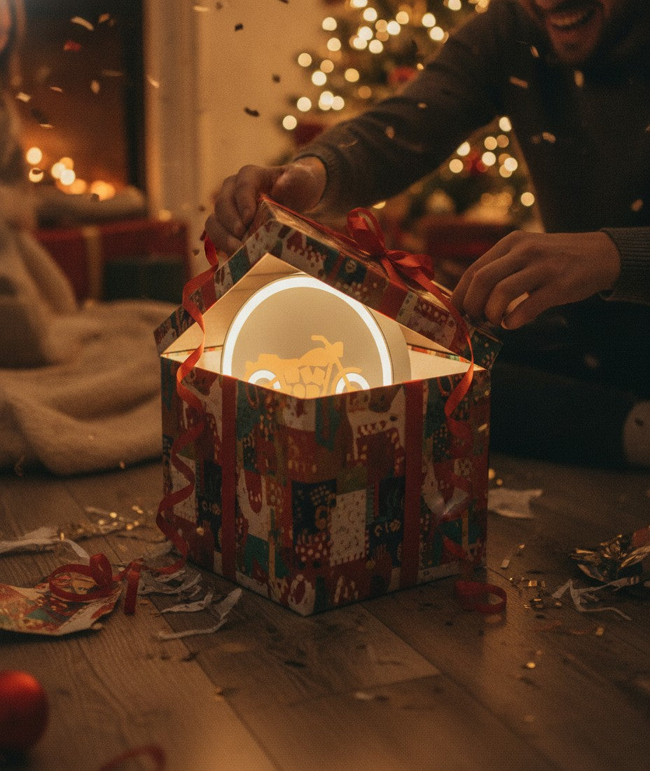 Motorrad LED-Lampe als Geschenk beim Auspacken