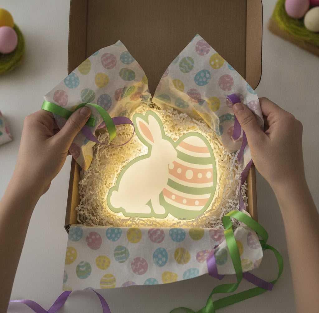 Osterhase mit Ei LED-Lampe als Geschenk beim Auspacken