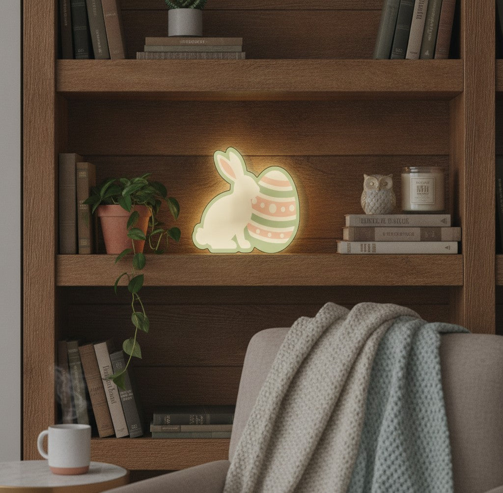 Osterhase mit Ei LED-Lampe im Bücherregal