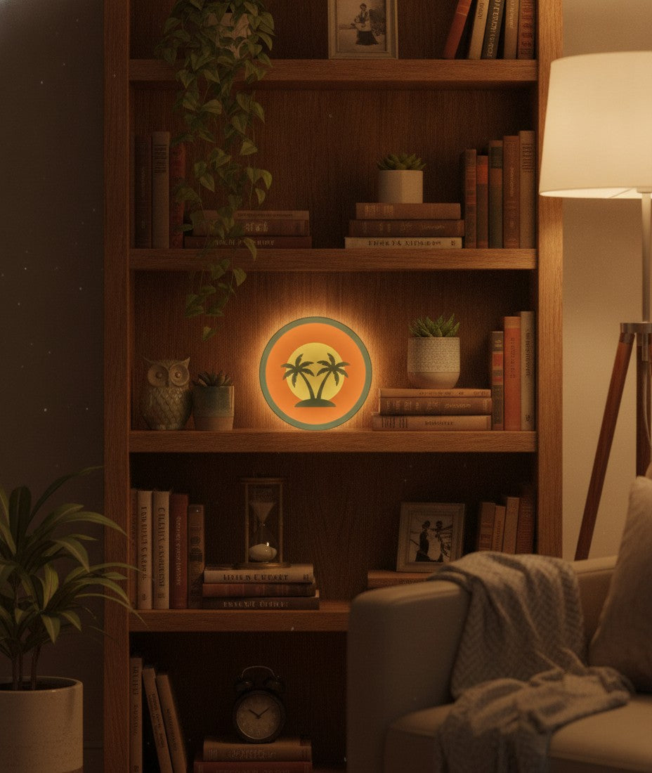 Palmen im Sonnenuntergang LED-Lampe im Bücherregal