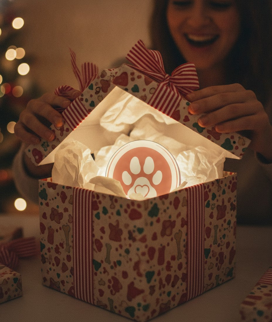 Pfote mit Herz LED-Lampe als Geschenk beim Auspacken