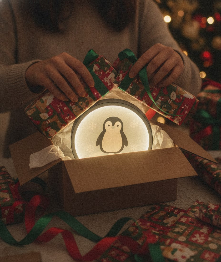 Pinguin auf der Eisscholle LED-Lampe als Geschenk beim Auspacken