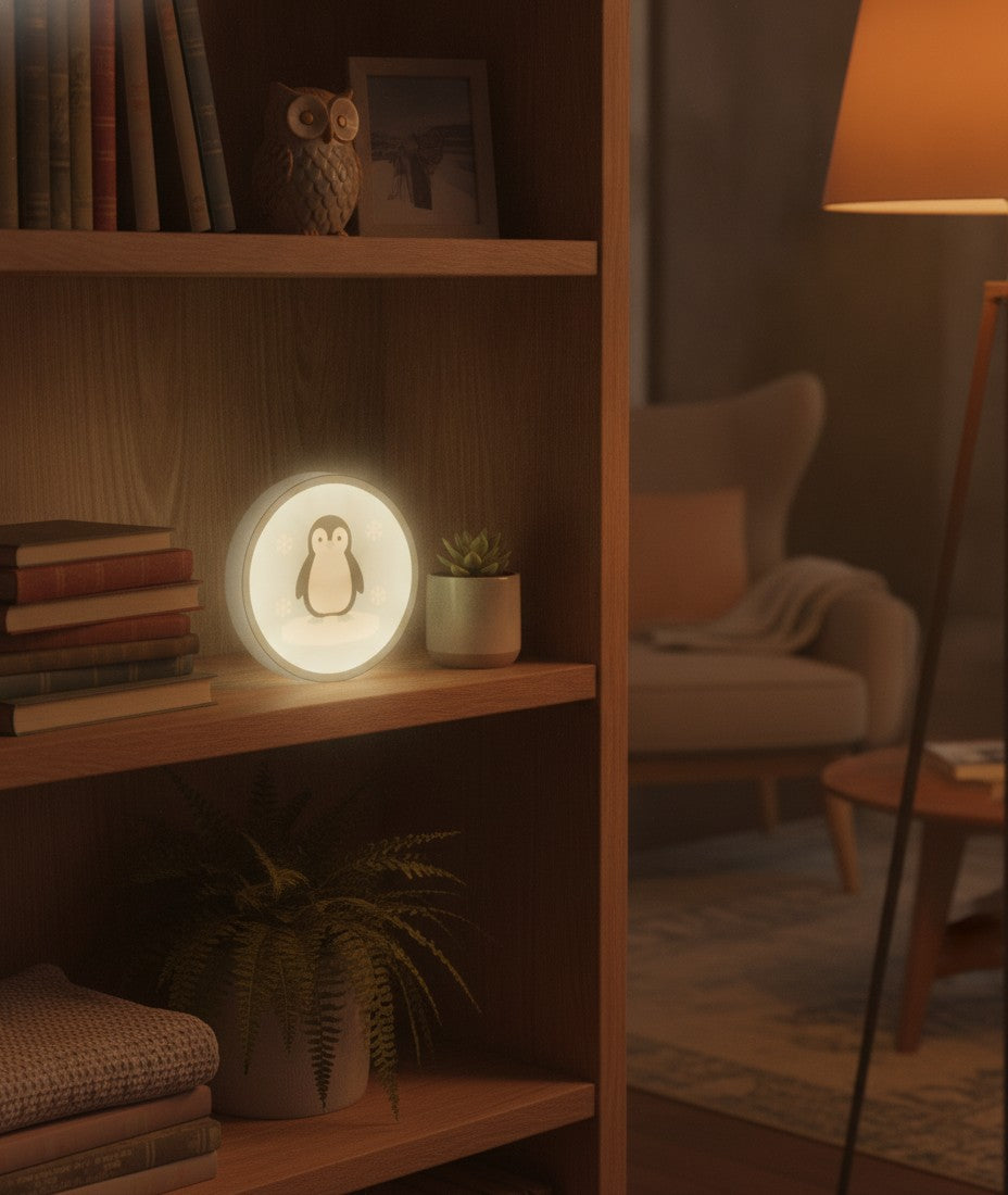 Pinguin auf der Eisscholle LED-Lampe im Bücherregal
