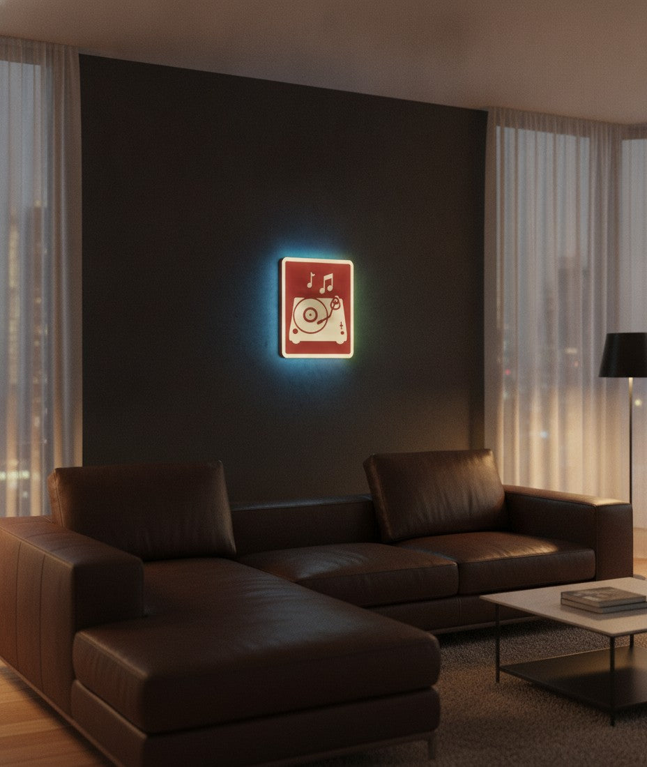 Plattenspieler LED-Lampe an der Wand im Wohnzimmer