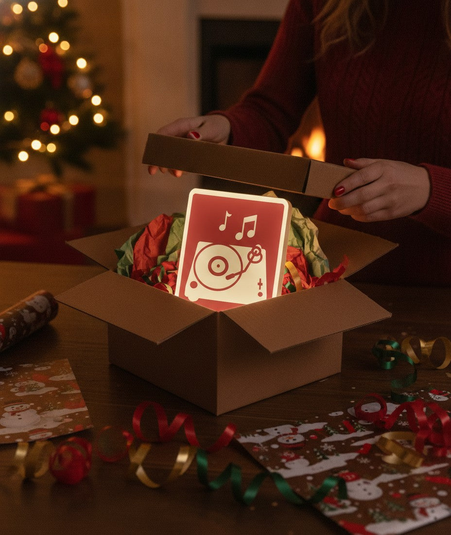 Plattenspieler LED-Lampe als Geschenk beim Auspacken