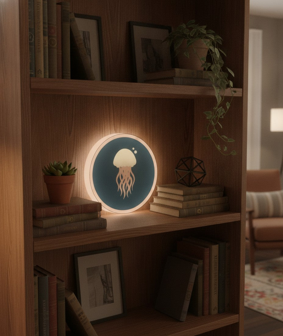 Qualle LED-Lampe im Bücherregal