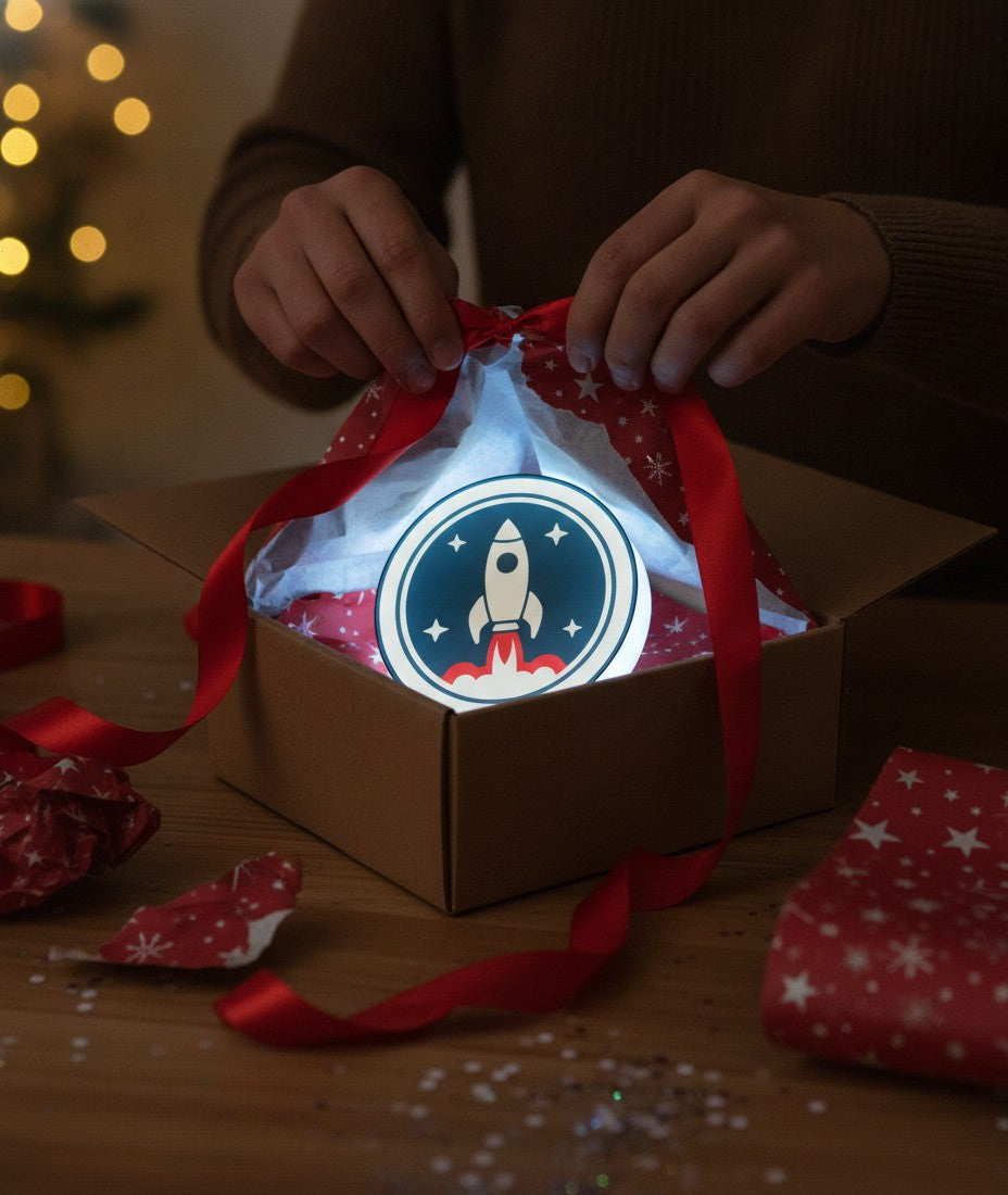 Rakete LED-Lampe als Geschenk beim Auspacken