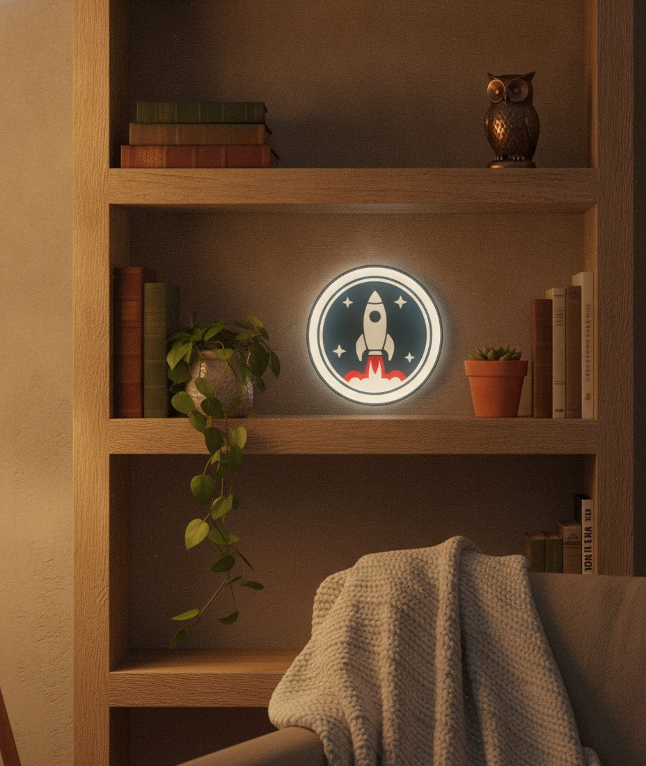 Rakete LED-Lampe im Bücherregal