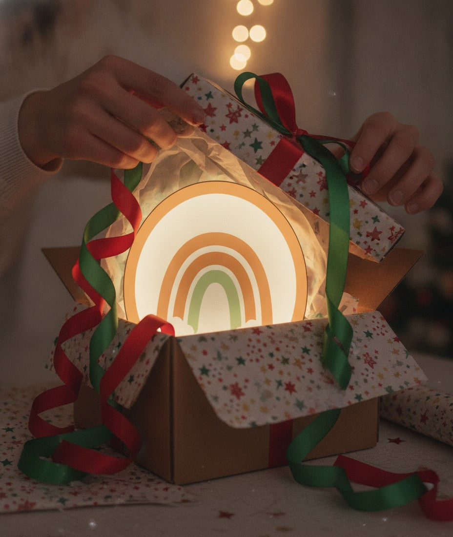 Boho-Regenbogen LED-Lampe als Geschenk beim Auspacken