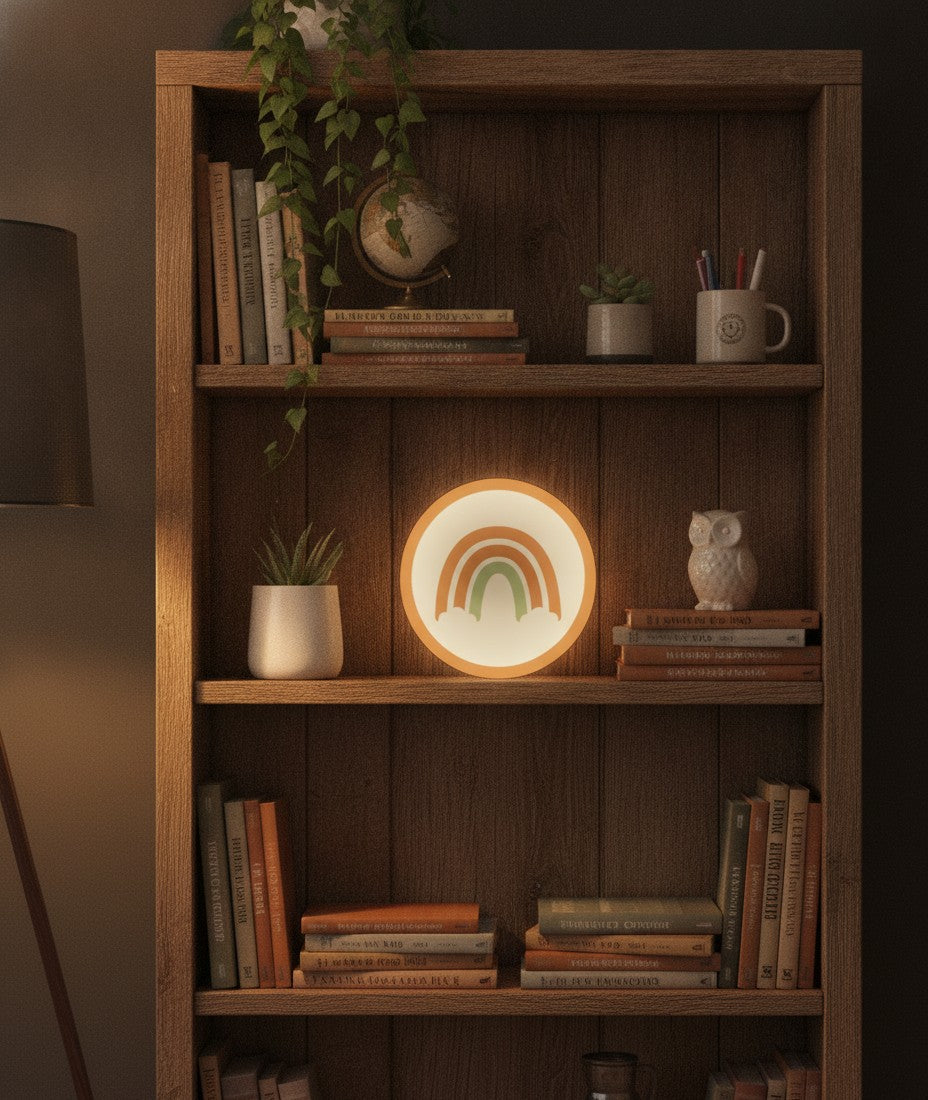 Boho-Regenbogen LED-Lampe im Bücherregal