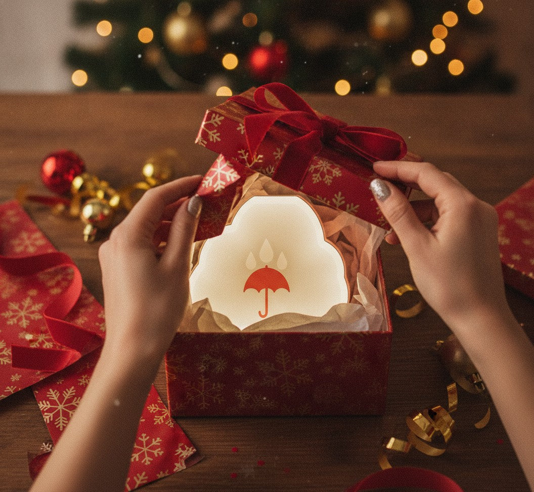 Regenschirm LED-Lampe als Geschenk beim Auspacken