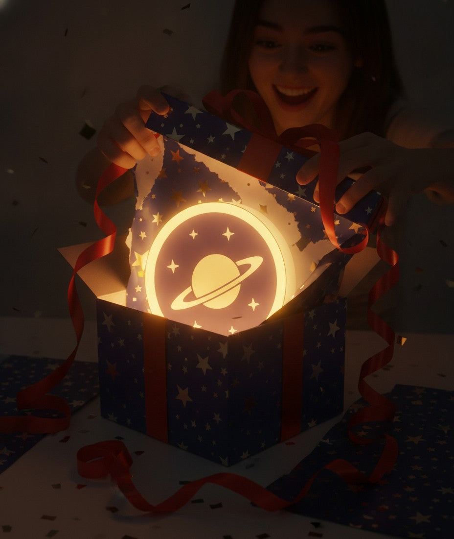 Saturn LED-Lampe als Geschenk beim Auspacken