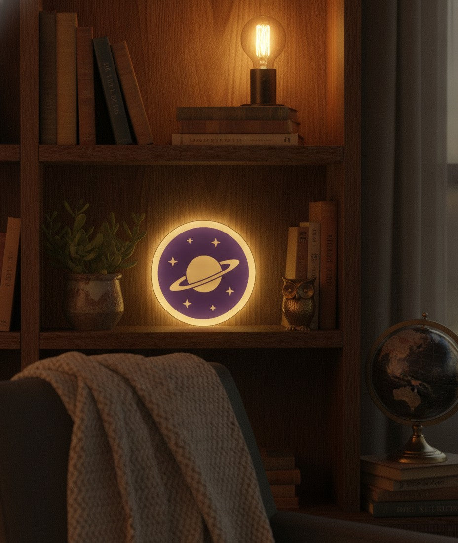 Saturn LED-Lampe im Bücherregal