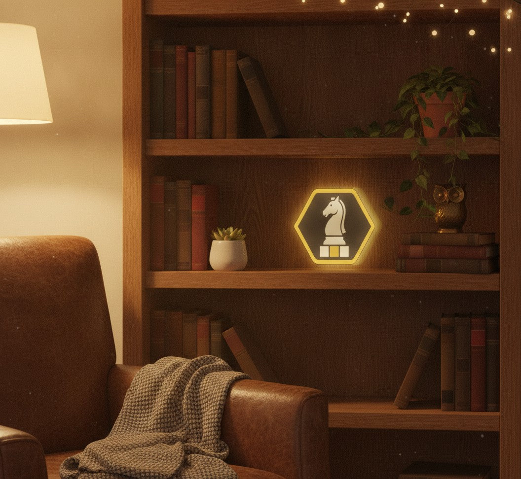 Schach-Springer LED-Lampe im Bücherregal