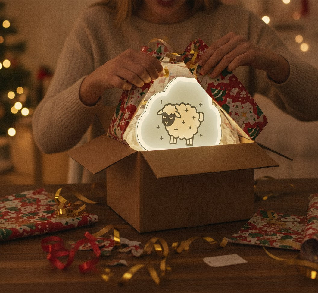 Schlafendes Schaf LED-Lampe als Geschenk beim Auspacken