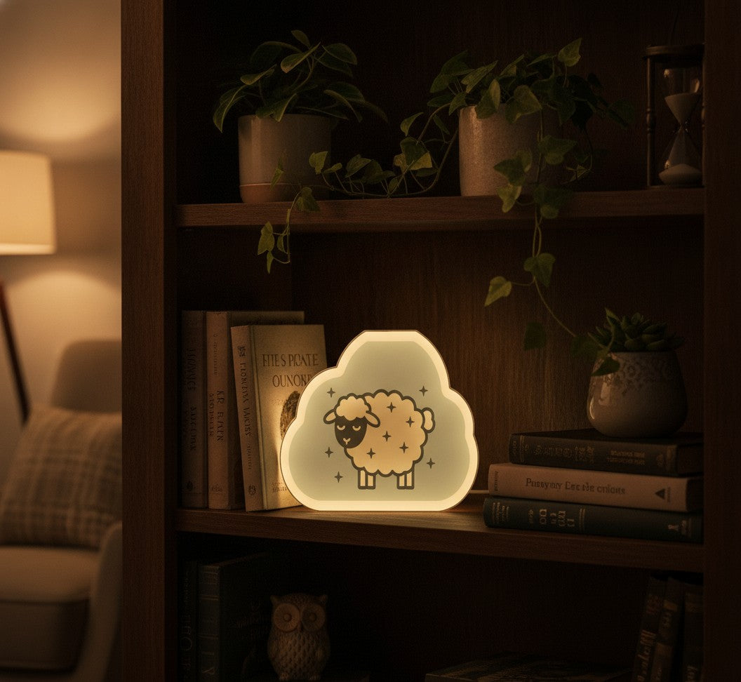 Schlafendes Schaf LED-Lampe im Bücherregal