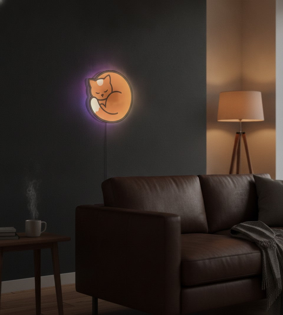 Schlafende Katze LED-Lampe an der Wand im Wohnzimmer