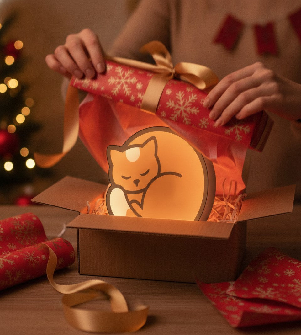 Schlafende Katze LED-Lampe als Geschenk beim Auspacken