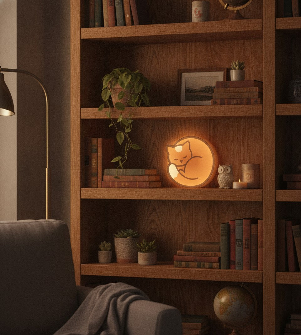 Schlafende Katze LED-Lampe im Bücherregal