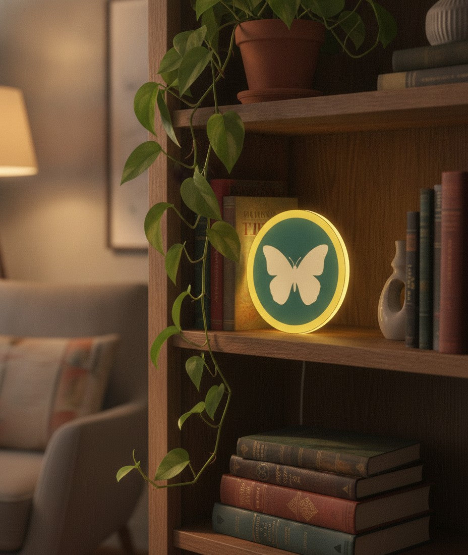 Schmetterling LED-Lampe im Bücherregal