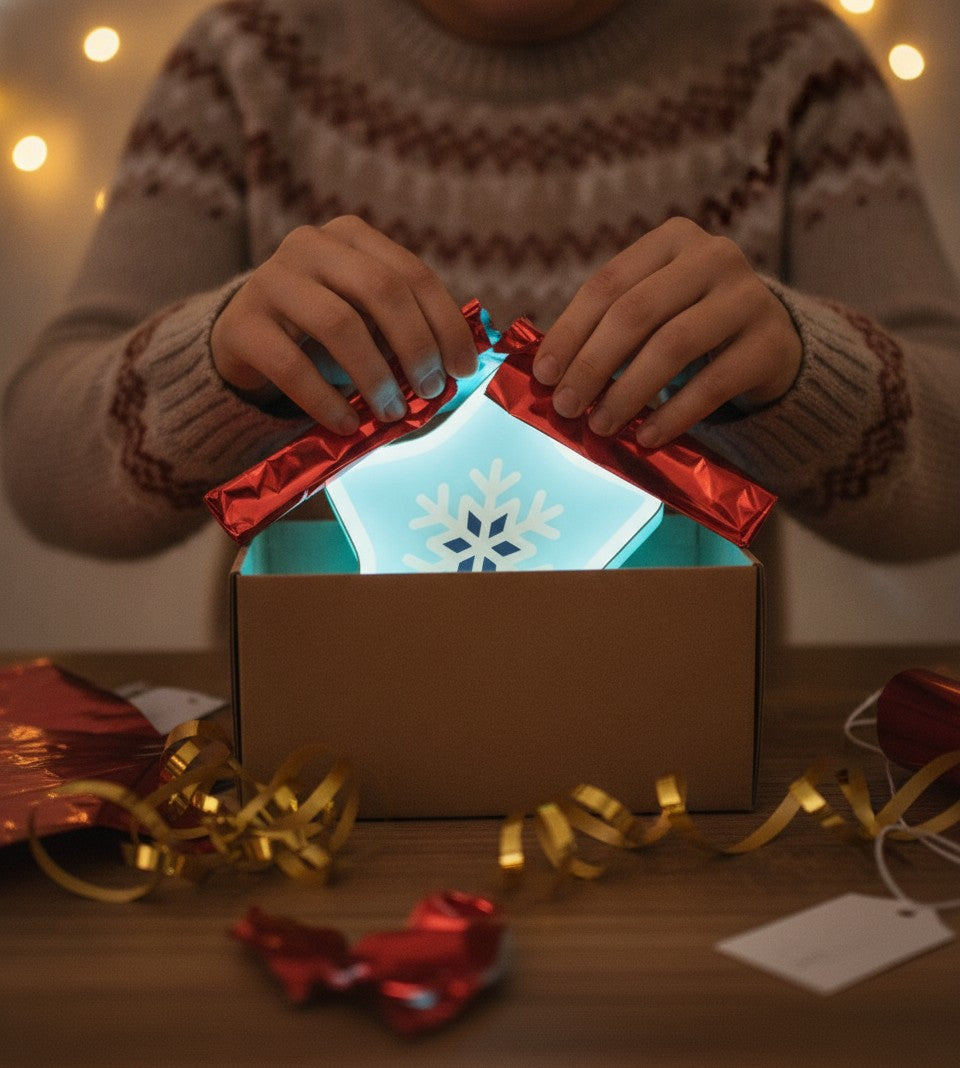 Schneeflocke LED-Lampe als Geschenk beim Auspacken