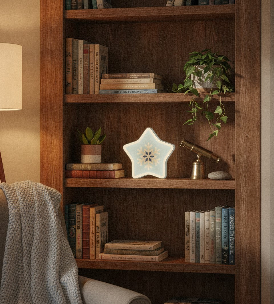 Schneeflocke LED-Lampe im Bücherregal