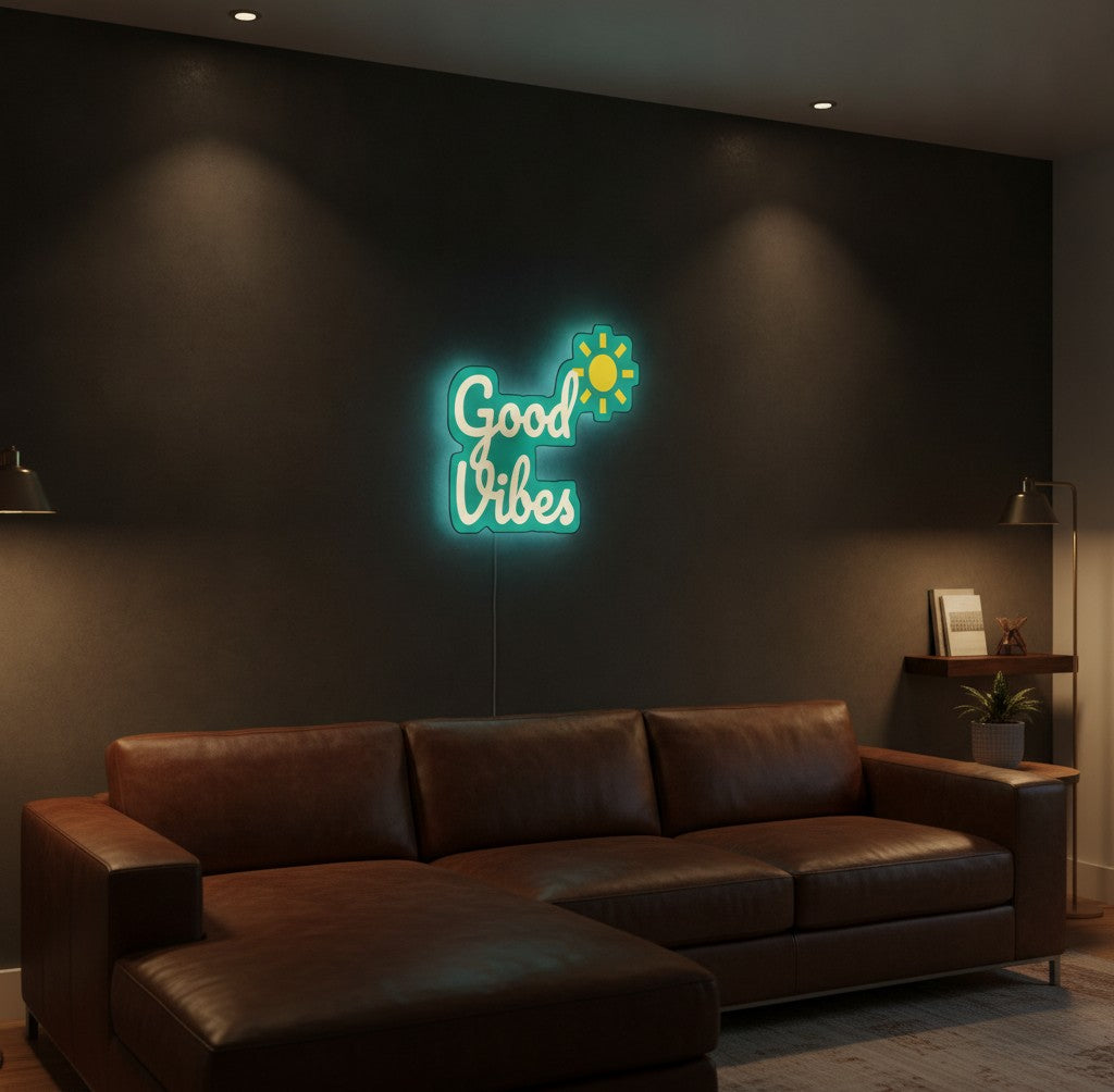 Schriftzug Good Vibes LED-Lampe an der Wand im Wohnzimmer
