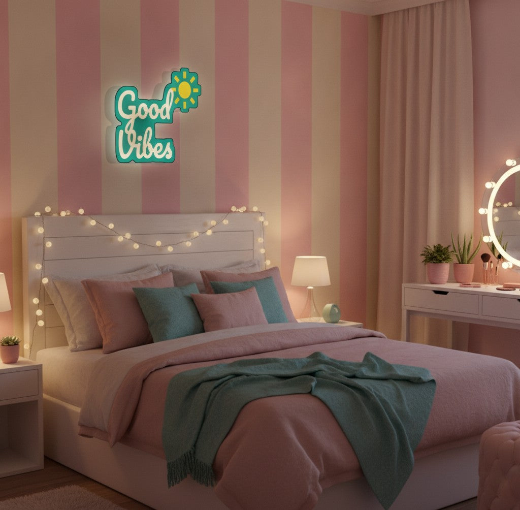 Schriftzug Good Vibes LED-Lampe im Jugendzimmer