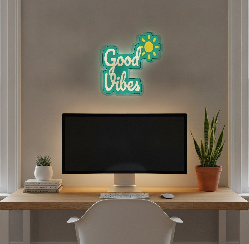 Schriftzug Good Vibes LED-Lampe im Homeoffice