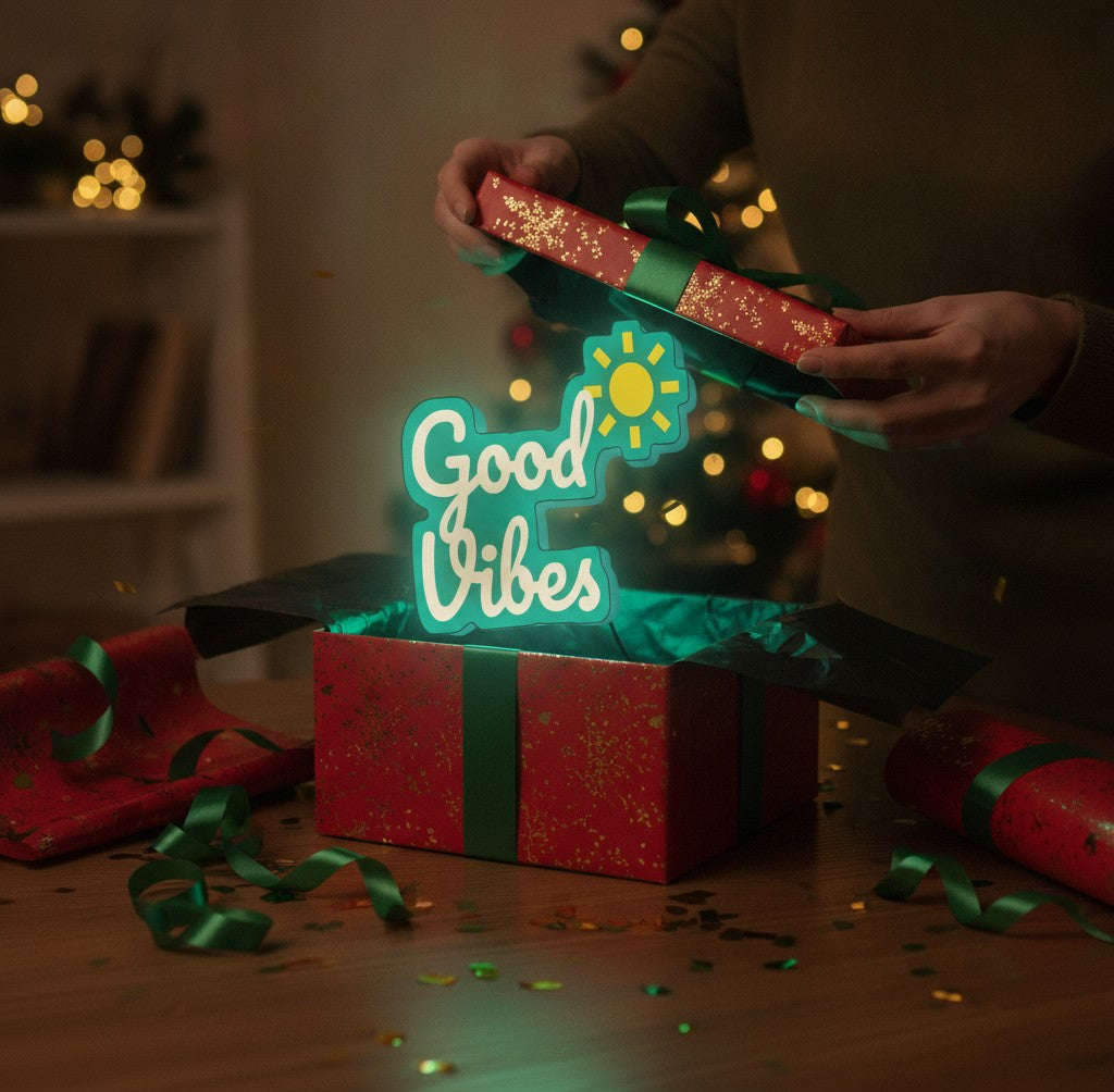 Schriftzug Good Vibes LED-Lampe als Geschenk beim Auspacken