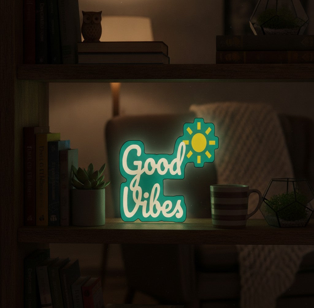 Schriftzug Good Vibes LED-Lampe im Bücherregal