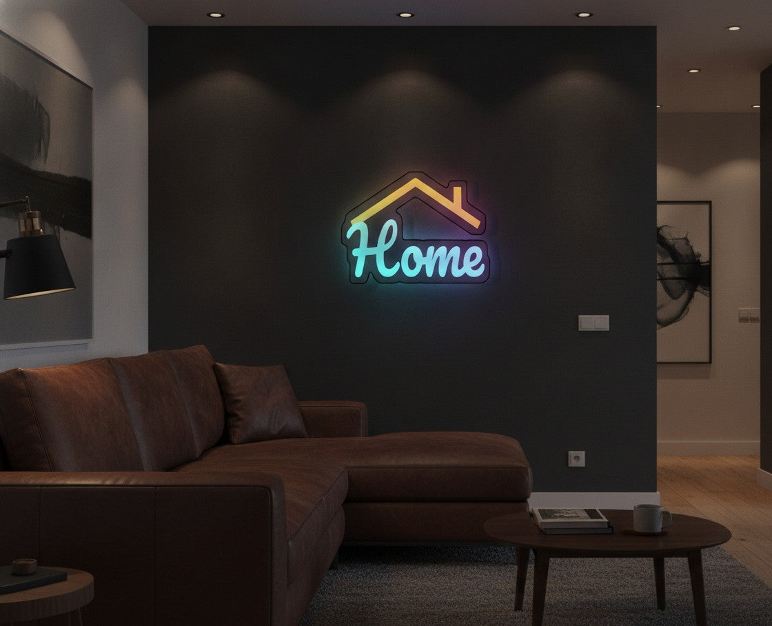 Schriftzug Home LED-Lampe an der Wand im Wohnzimmer