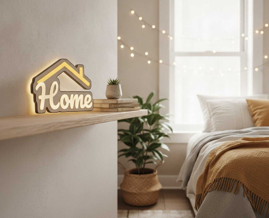 Schriftzug Home LED-Lampe im Schlafzimmer
