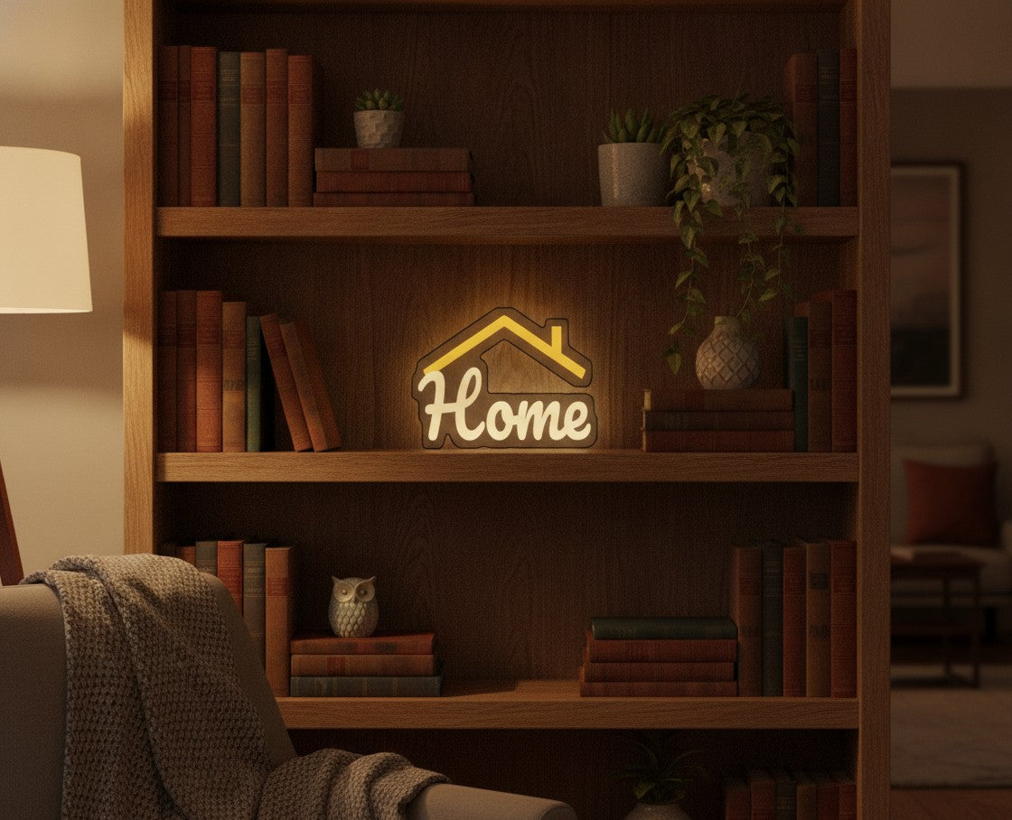 Schriftzug Home LED-Lampe im Bücherregal