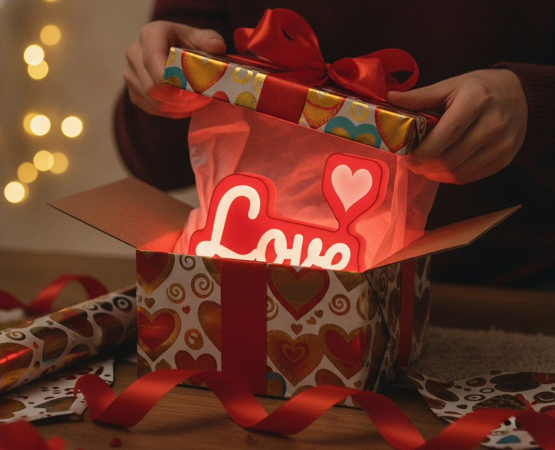 Schriftzug Love LED-Lampe als Geschenk beim Auspacken