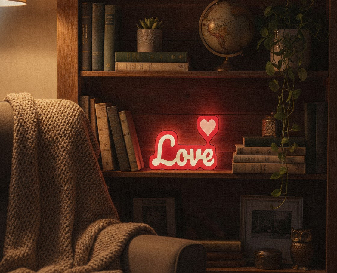 Schriftzug Love LED-Lampe im Bücherregal