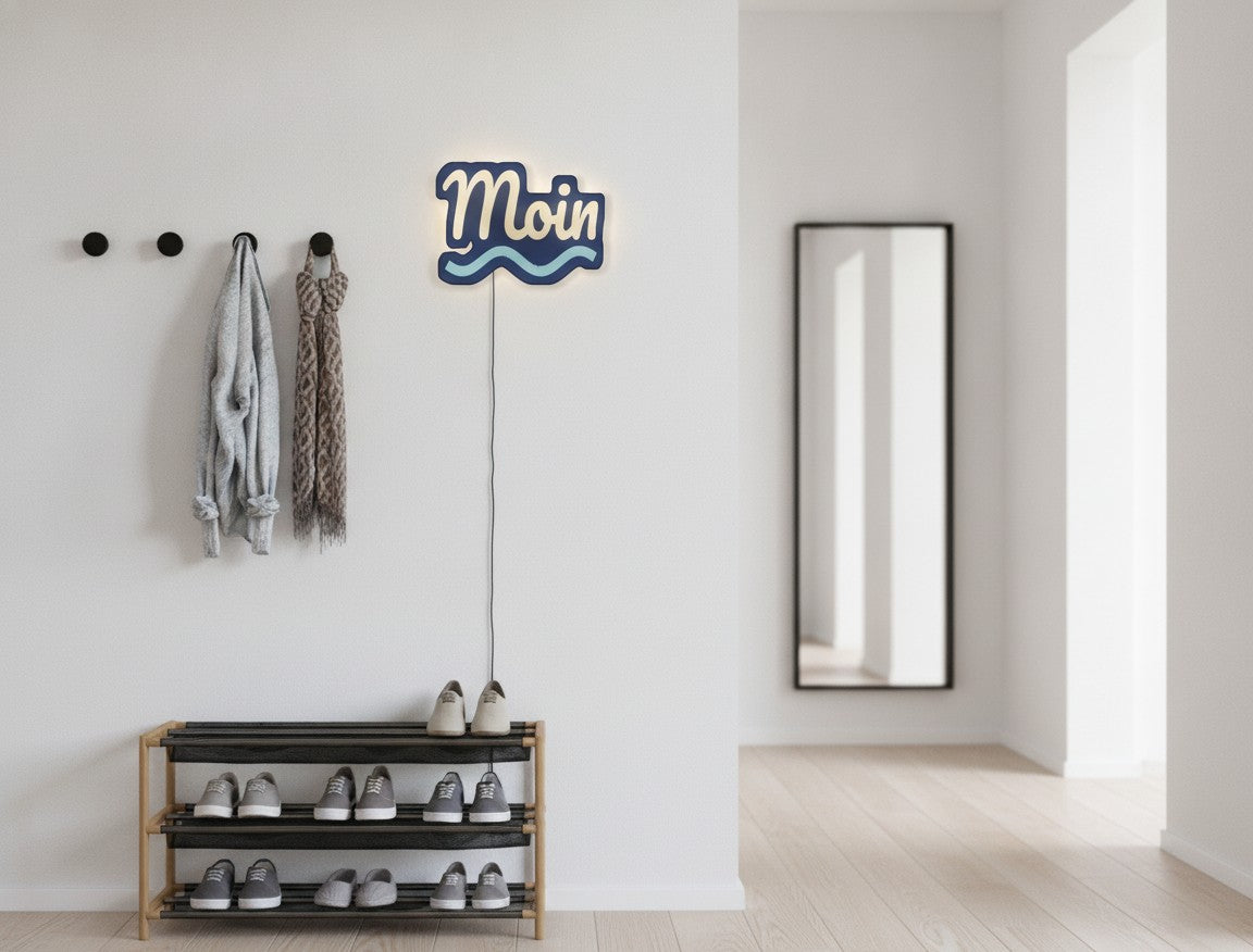 Schriftzug Moin LED-Lampe im Flur