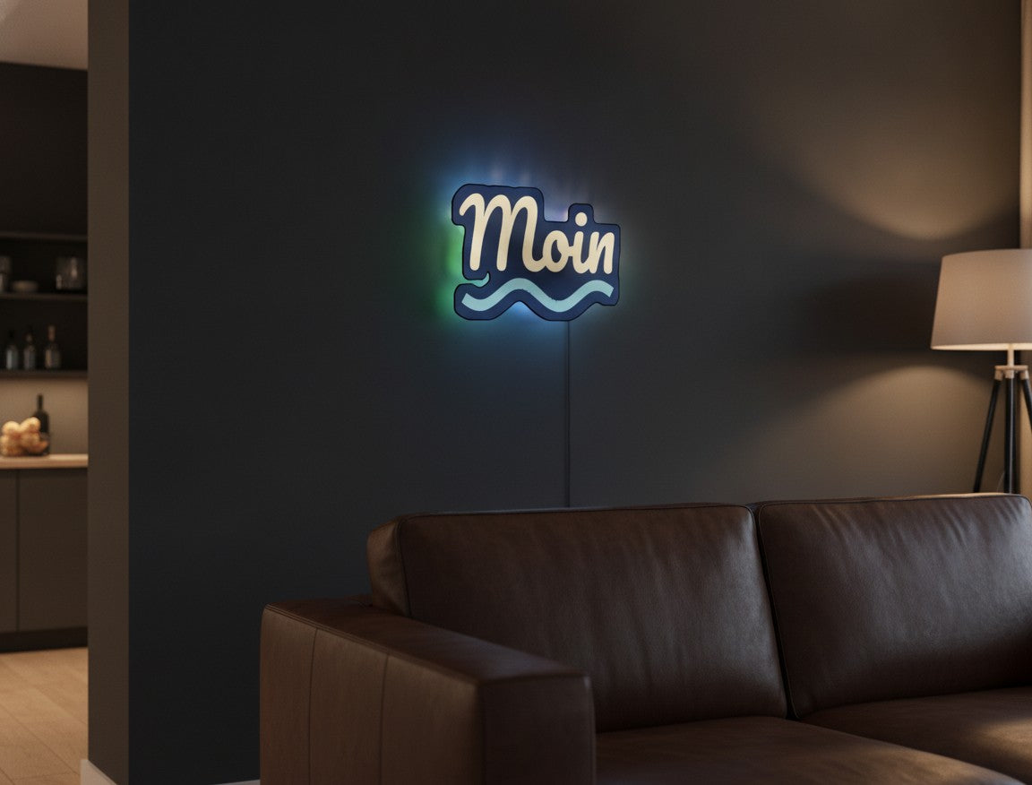 Schriftzug Moin LED-Lampe an der Wand im Wohnzimmer