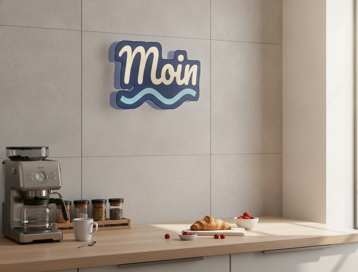 Schriftzug Moin LED-Lampe in der Küche