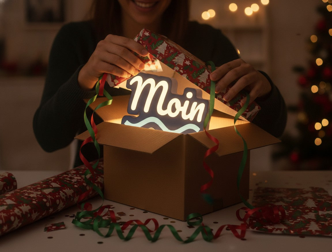 Schriftzug Moin LED-Lampe als Geschenk beim Auspacken