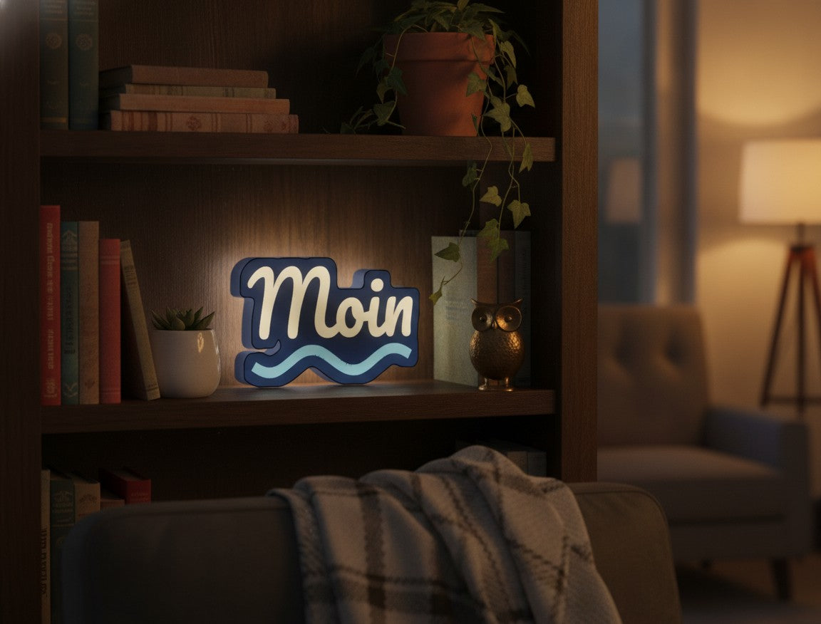 Schriftzug Moin LED-Lampe im Bücherregal