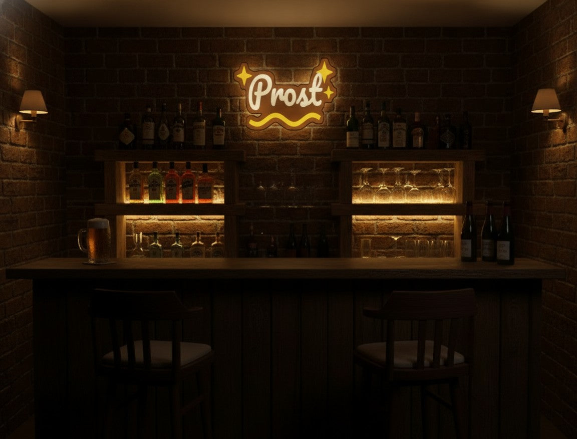 Schriftzug Prost LED-Lampe in der Kellerbar