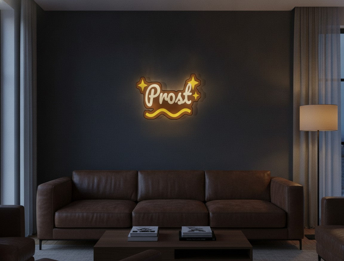 Schriftzug Prost LED-Lampe an der Wand im Wohnzimmer