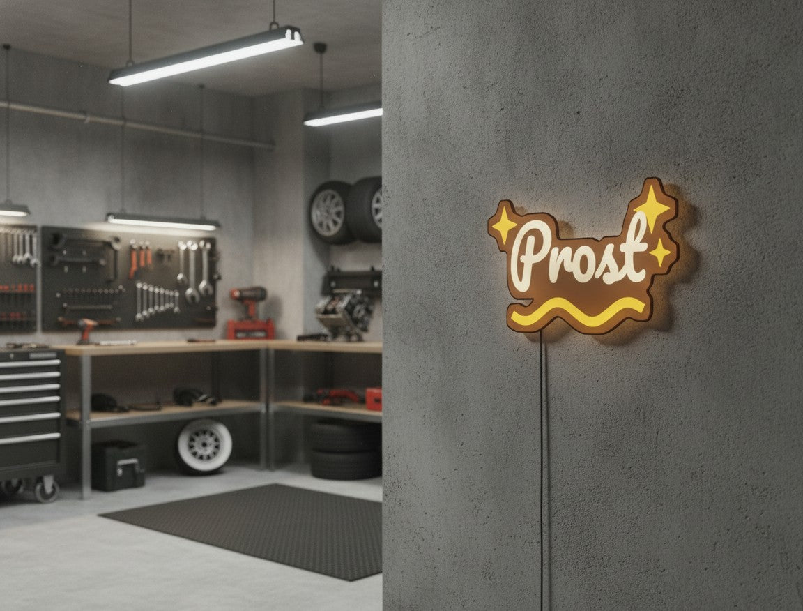 Schriftzug Prost LED-Lampe in der Garage