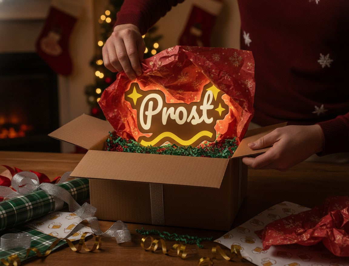 Schriftzug Prost LED-Lampe als Geschenk beim Auspacken