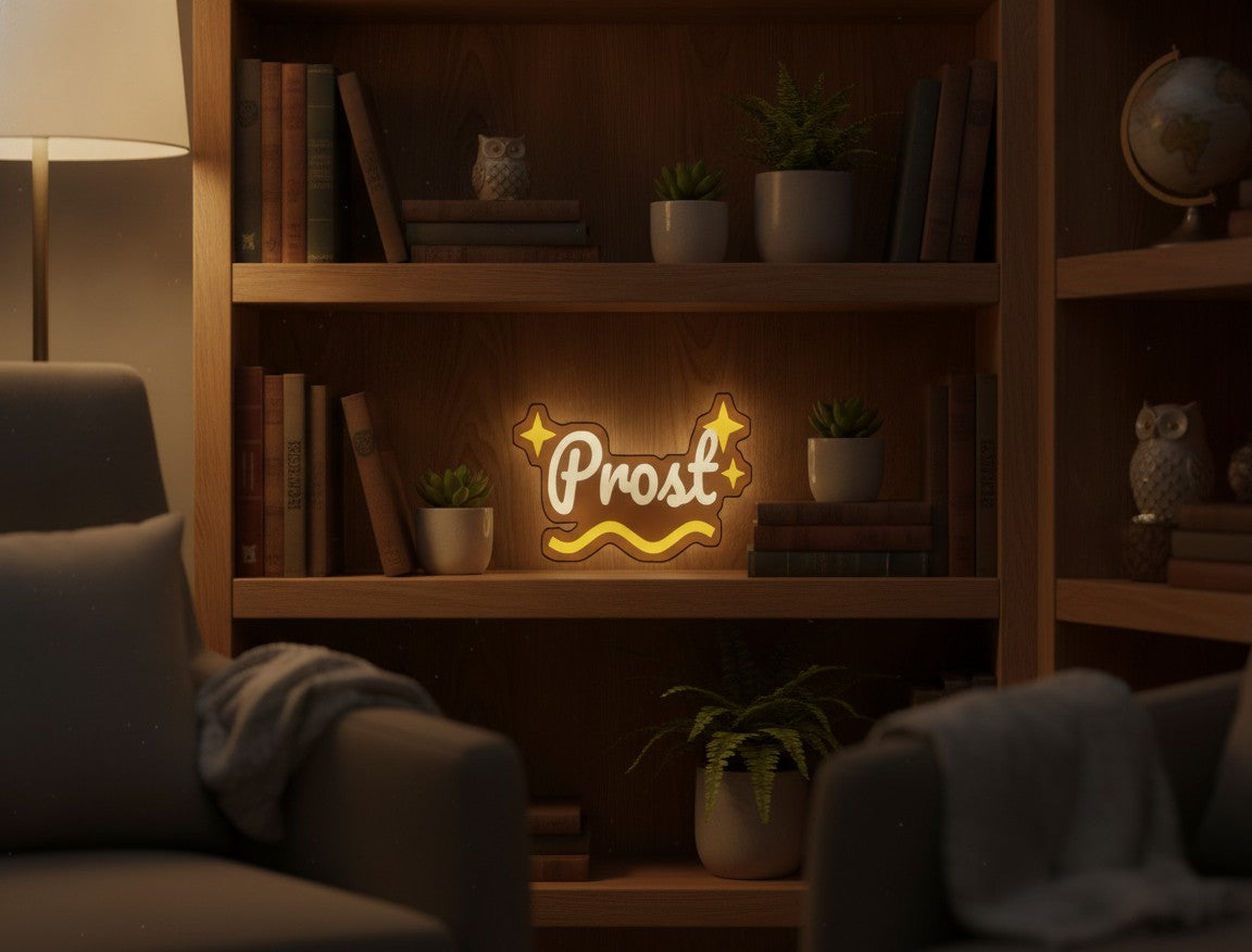 Schriftzug Prost LED-Lampe im Bücherregal